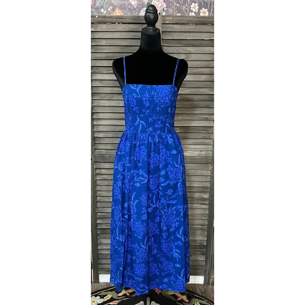 Universal Thread Blue Floral Smocked Midi Dress XS Pockets Cottagecore NWOT - Picture 4 of 11